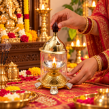 Akhand Diya with Glass Cover, Brass Puja Diya for Diwali Puja