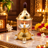 Akhand Diya with Glass Cover, Brass Puja Diya for Diwali Puja