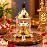 Akhand Diya with Glass Cover, Brass Puja Diya for Diwali Puja
