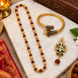 Pack Of 3 Gold Plated Mahakal Locket,Bahubali Kada,5 Mukhi Rudraksha Mala with Gold Beads Combo