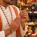 Pack Of 3 Gold Plated Mahakal Locket,Bahubali Kada,5 Mukhi Rudraksha Mala with Gold Beads Combo