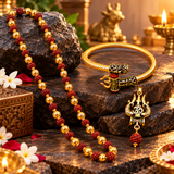 Pack Of 3 Gold Plated Mahakal Locket,Bahubali Kada,5 Mukhi Rudraksha Mala with Gold Beads Combo