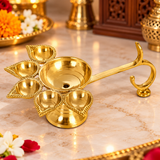 Panch Aarti Diya - Brass Made High Quality | 5 Arti Diya for Puja | 5 Face Brass Diya Pooja Stand for Home & Office