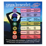 Yoga bracelet packaging with chakra diagram and healing properties on a blue background
