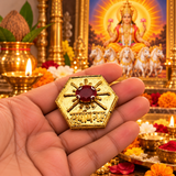Golden Surya Yantra Stone For Home Vastu,Original Shree Surya Yantra Hexagon Plate With 1 Red Stone Gold Plated For Pooja,Pure Copper Surya Yantram For Good Luck