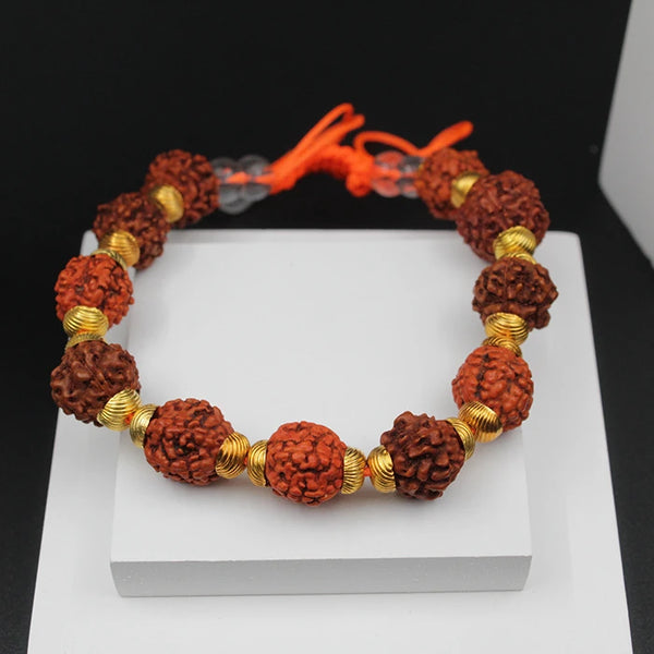 Natural Rudraksha Golden Cap Beads Bracelet l  Brass Made 5 Mukhi Face Rudraksha Bracelet Orange Thread Certified l  Stylish Handband Cuff Bracelet Unisex