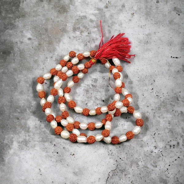 Natural Small Rudraksha with White Pearl Moti Mala for Men and Women