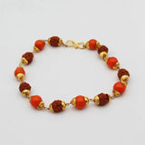 Rudraksha Moonga Stone Bracelet | Golden Cap Small Rudraksha & Moonga Stone Beads | Best Quality Liteweight Wrist Band for Men/Women