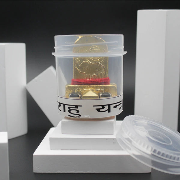 Original Shree Rahu Ratna Yantra with Box, Energized Brass Made Rahu Yantra for Vastu, Effective Rahu Yantram Small for Temple Pooja Puja, Pocket Rahu Planet Yantra