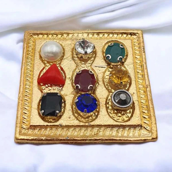 Effective Navratna Yantra Stone Plate For Pooja,Original Certified Multicolor Navratan Stone Gold Plated,9 Different Navgrah Stone Square Shape Yantra,Blessed Energized With Box