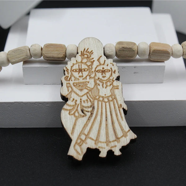 Radha Krishna Locket For Men And Women,Original Big Size White Rectangular Bead Pure Tulsi Mala For Girls And Boys,Vrindavan Couple Radha Krishna Wood Pendant For Neck