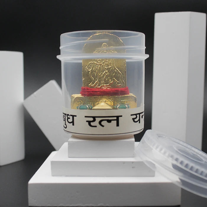 Original Gold Plated Shri Buddh Ratna Yantra, Small Brass Made Energized Buddh Yantram for Wealth and Prosperity, Planet Mercury Pooja Puja Yantra with Box