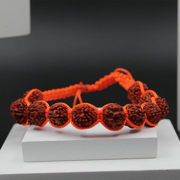 Handmade Orange Thread Breaded Rudraksha Bracelet for Men and Women, Stretchable Rudraksha Hand Wrist Band Daily Fashion Wear Yoga Meditation Cuff Band
