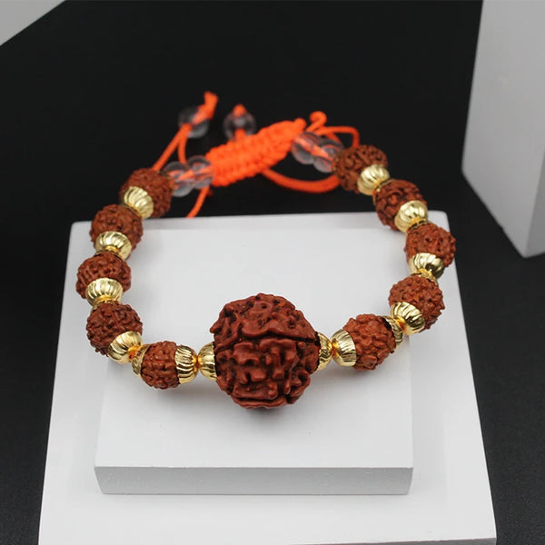 Natural 5 Mukhi Rudraksha Bracelet for Men and Women Gold Cap l Original Rudraksha Bracelet Orange Thread, Five Face Rudraksha Beads Hand Band Cuff Bracelet for Boys Girls Couples