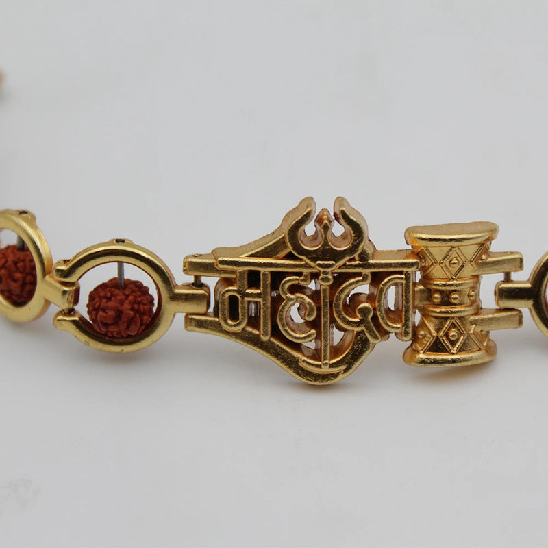 Shiv Trishul Dmaru Golden Bracelet, Trishul Lord Shiva Lord Mahakal Cuff Gold Bracelet Kada, Premium Religious Om Shambu Stylish Bracelets for Men and Women