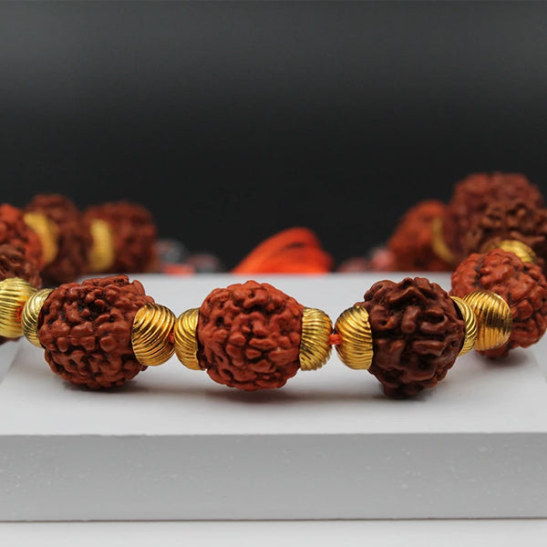 Natural Rudraksha Golden Cap Beads Bracelet l  Brass Made 5 Mukhi Face Rudraksha Bracelet Orange Thread Certified l  Stylish Handband Cuff Bracelet Unisex