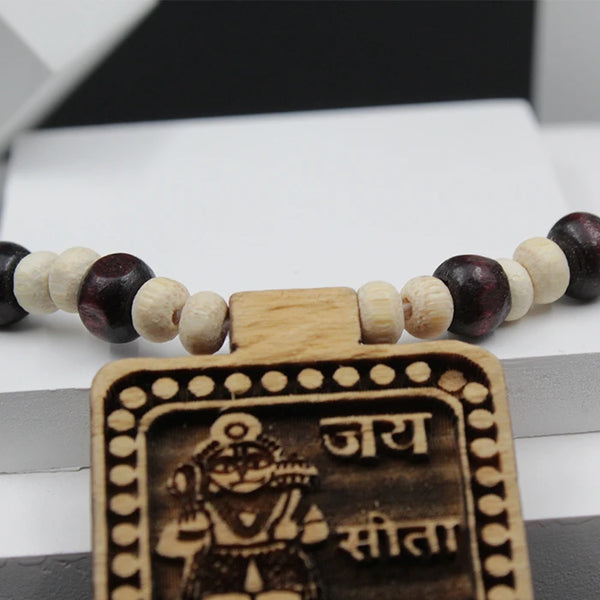 Hanuman Ji Jai Sita Ram Name Square Locket Tulsi Kanthi Round Beads Mala For Men Women