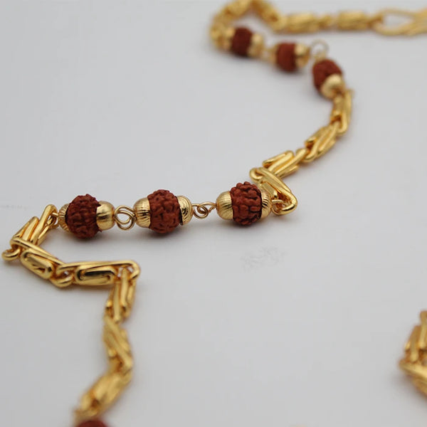 Original Golden Rudraksha Chain for Men and Women, Natural Rudraksha Beads, Stylish Rudraksha Mala Neck Chain, Rudraksha Rakhi Gift for Sister Brother Kids