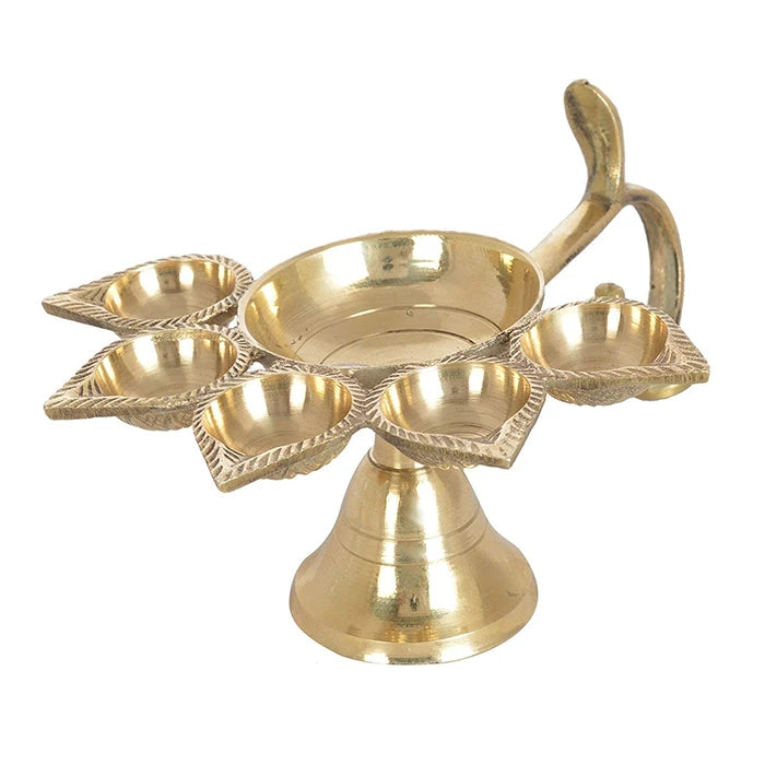 Panch Aarti Diya - Brass Made High Quality | 5 Arti Diya for Puja | 5 Face Brass Diya Pooja Stand for Home &amp; Office