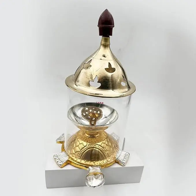 Akhand Diya with Glass Cover, Brass Puja Diya for Diwali Puja