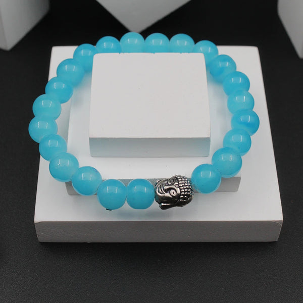 Aqua Blue Buddha Head Bracelet for Men Women Girls Boys, Natural Gemstone Reiki Feng Shui Healing Crystal Beads, Stretchable Lave Stone Charm Pearl Bracelet Valentine Day Gift