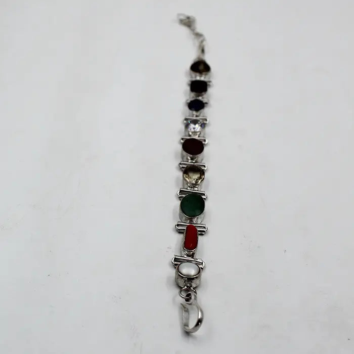 Navratan Natural Stone Pure Silver Chain Bracelet