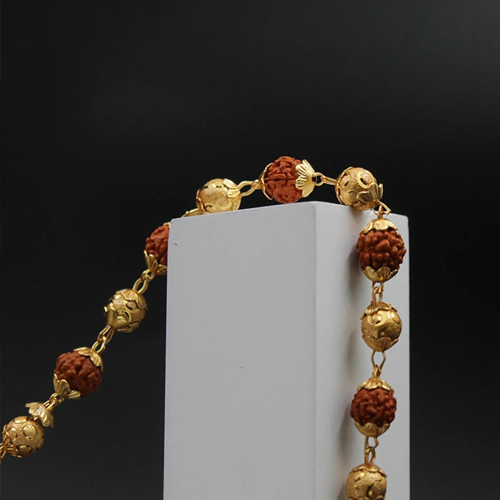 Original Stylish Golden Cap Rudraksha 54 Bead Neck Chain Mala for Men and Women(Football beads)