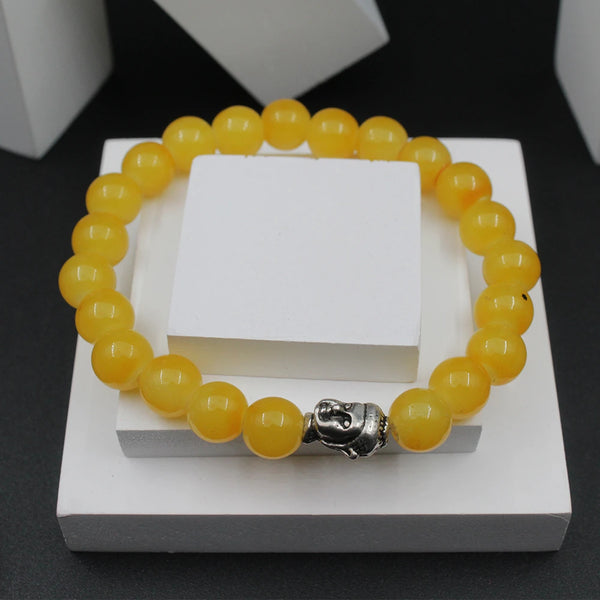 Yellow Buddha Head Bracelet for Men Women Girls Boys, Natural Gemstone Reiki Feng Shui Healing Crystal Beads, Stretchable Lave Stone Charm Pearl Bracelet Valentine Day Gift