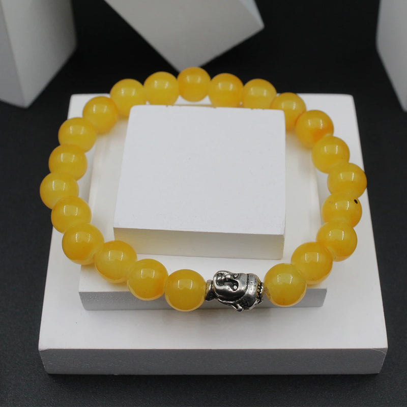 Yellow Buddha Head Bracelet for Men Women Girls Boys, Natural Gemstone Reiki Feng Shui Healing Crystal Beads, Stretchable Lave Stone Charm Pearl Bracelet Valentine Day Gift