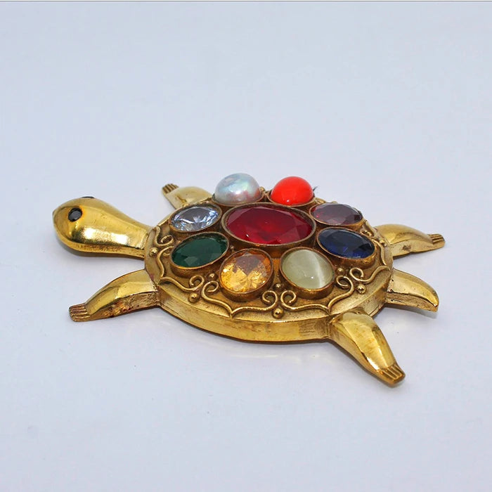 Navratna Kachhua | Gold Plated Nine Stones Turtle | Navratna Engraved Kachua for Grah Dasha Best for Home & Office Use