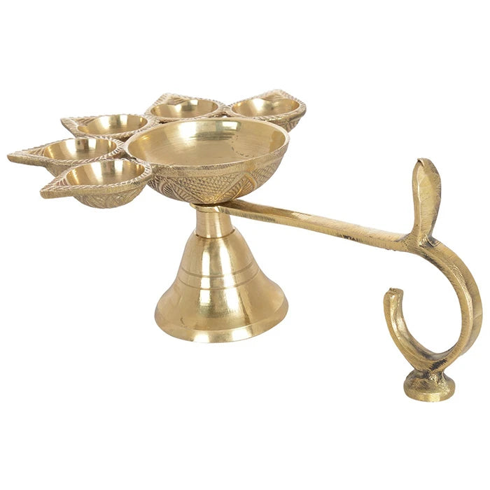 Panch Aarti Diya - Brass Made High Quality | 5 Arti Diya for Puja | 5 Face Brass Diya Pooja Stand for Home &amp; Office