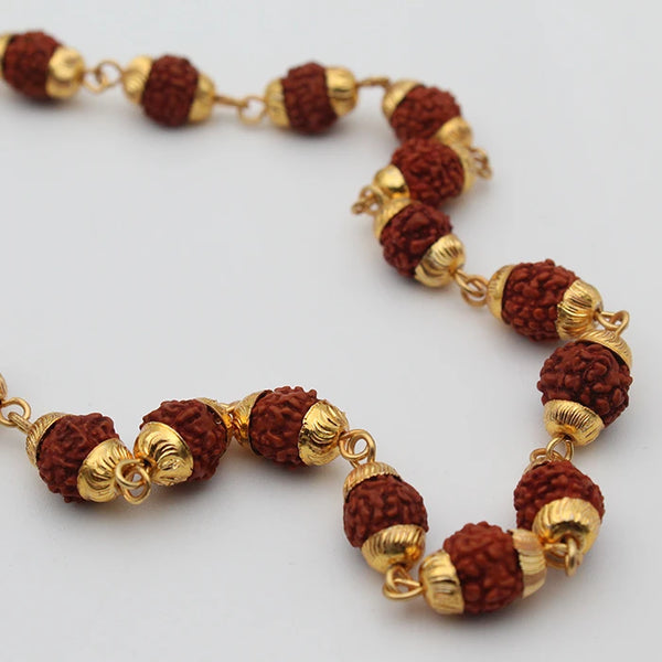 Original PanchMukhi Rudraksha Neck Length Mala with Golden Cap Beads for Men and Women