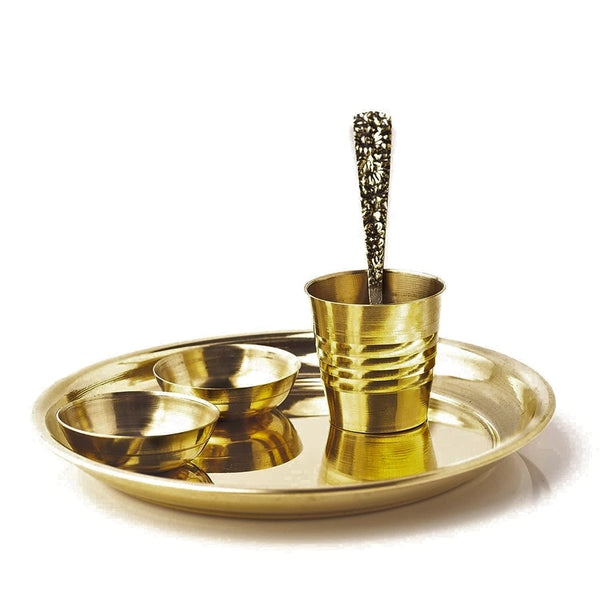 Bhog Set for Pooja | Brass Pooja Bhog Thali for Mandir | Small Peetal Plate Glass Bowls Spoon Set for God