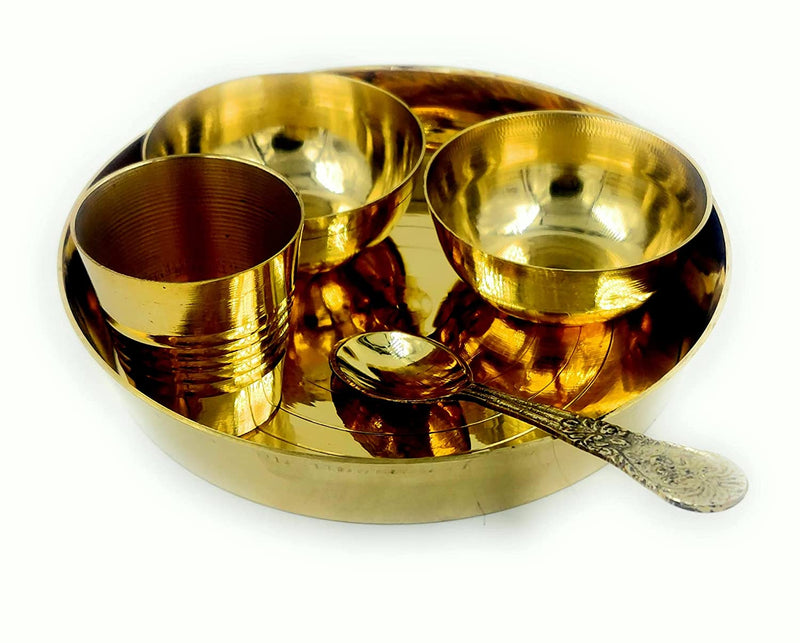 Bhog Set for Pooja | Brass Pooja Bhog Thali for Mandir | Small Peetal Plate Glass Bowls Spoon Set for God