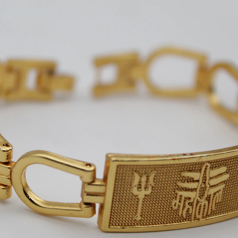 Stylish Trishul Mahakal Gold Ethnic Broad Plate Spiritual Chain Bracelet for Men and Women