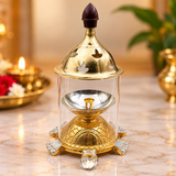 Akhand Diya with Glass Cover, Brass Puja Diya for Diwali Puja