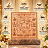 A brass Vastu Purusha mandala plaque displayed on a stone pedestal, surrounded by golden circular icons with text about business growth, wealth, opportunities, good fortune, success, protection, and peace. The background is a warm, softly blurred indoor setting with decorative flowers.