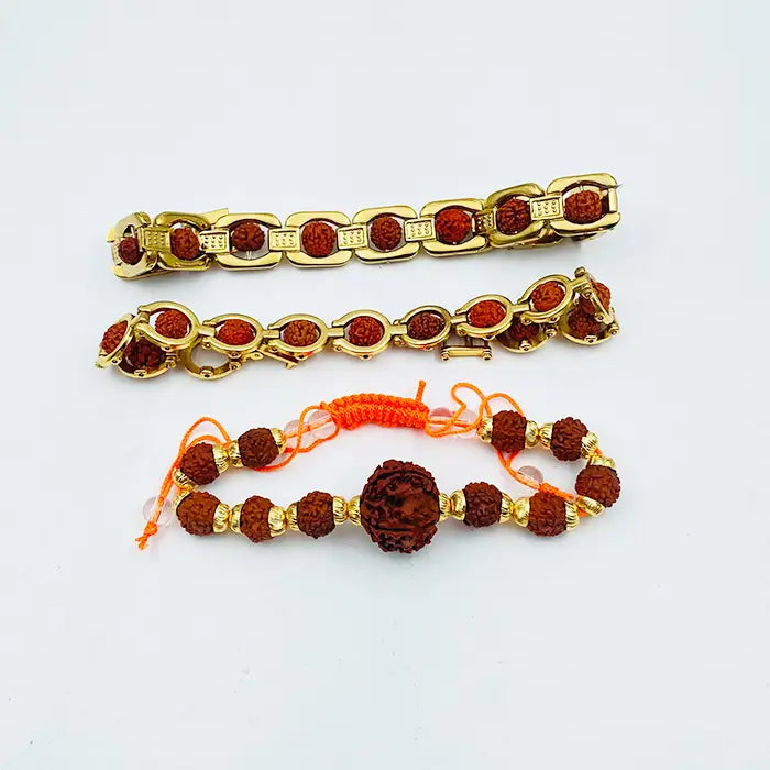 Pack Of 3 Natural 5 Mukhi Rudraksha Bracelet Combo l Stylish Small Size Golden Rudraksha