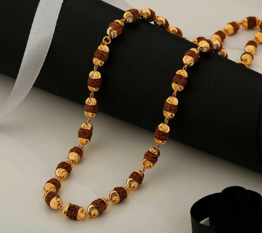 Original Thin Small 108 Beads Rudraksha Long Mala with Gold Cap