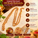 Original Thin Small 108 Beads Rudraksha Long Mala with Gold Cap (2 mm)