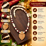 Original Tulsi Kanthi White Red Mala With Radha Round Cylndrical Pendant