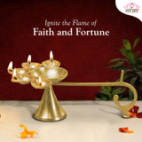 Panch Aarti Diya - Brass Made High Quality | 5 Arti Diya for Puja | 5 Face Brass Diya Pooja Stand for Home &amp; Office