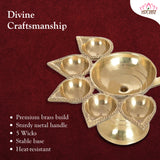 Panch Aarti Diya - Brass Made High Quality | 5 Arti Diya for Puja | 5 Face Brass Diya Pooja Stand for Home &amp; Office