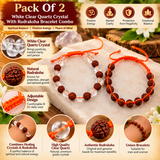 Pack Of 2 White Clear Quartz Crystal With Rudraksha Bracelet Combo For Men And Women