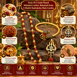 Pack Of 3 Gold Plated Mahakal Locket,Bahubali Kada,5 Mukhi Rudraksha Mala with Gold Beads Combo
