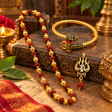 Pack Of 3 Gold Plated Mahakal Locket,Bahubali Kada,5 Mukhi Rudraksha Mala with Gold Beads Combo