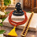 Pack Of 3  Lord Adiyogi Shankara Black Murti , Gold Plated Rudraksha Bracelet & Rudraksha Beads Mala Combo