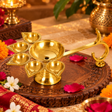 Panch Aarti Diya - Brass Made High Quality | 5 Arti Diya for Puja | 5 Face Brass Diya Pooja Stand for Home &amp; Office
