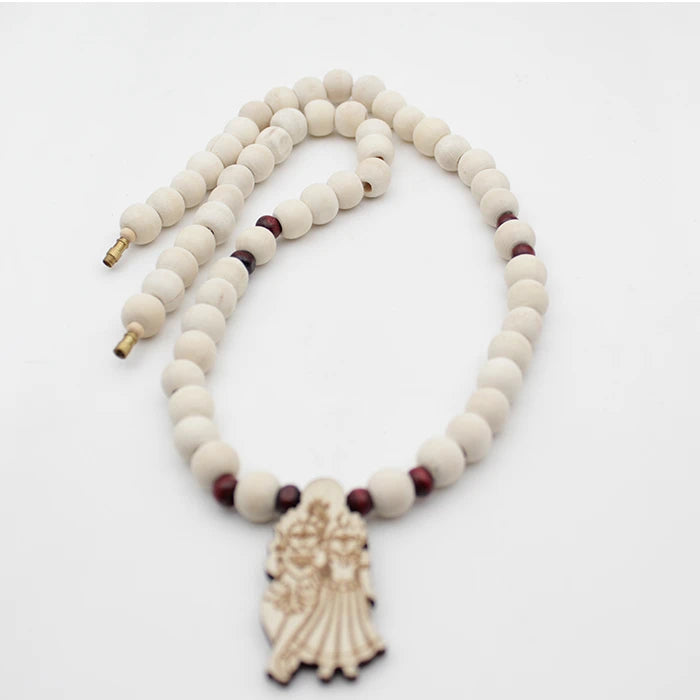 Radha Krishna Ji Locket ,White Brown Circular Bead Pure Tulsi Mala
