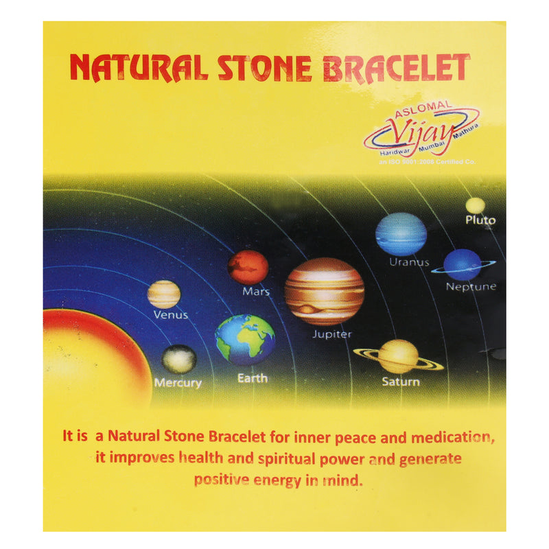 Advertisement for a natural stone bracelet with planetary design on a yellow background